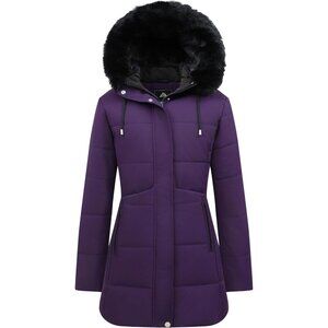 Women's Purple Winter Puffer Coat Thicken Fleece Lined Down Jacket Waterproof